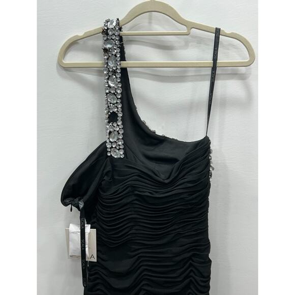 Scala Black Crystal Embellishments One-Shoulder Ruched Cocktail Dress Sz 8 FLAWS - Picture 5 of 16